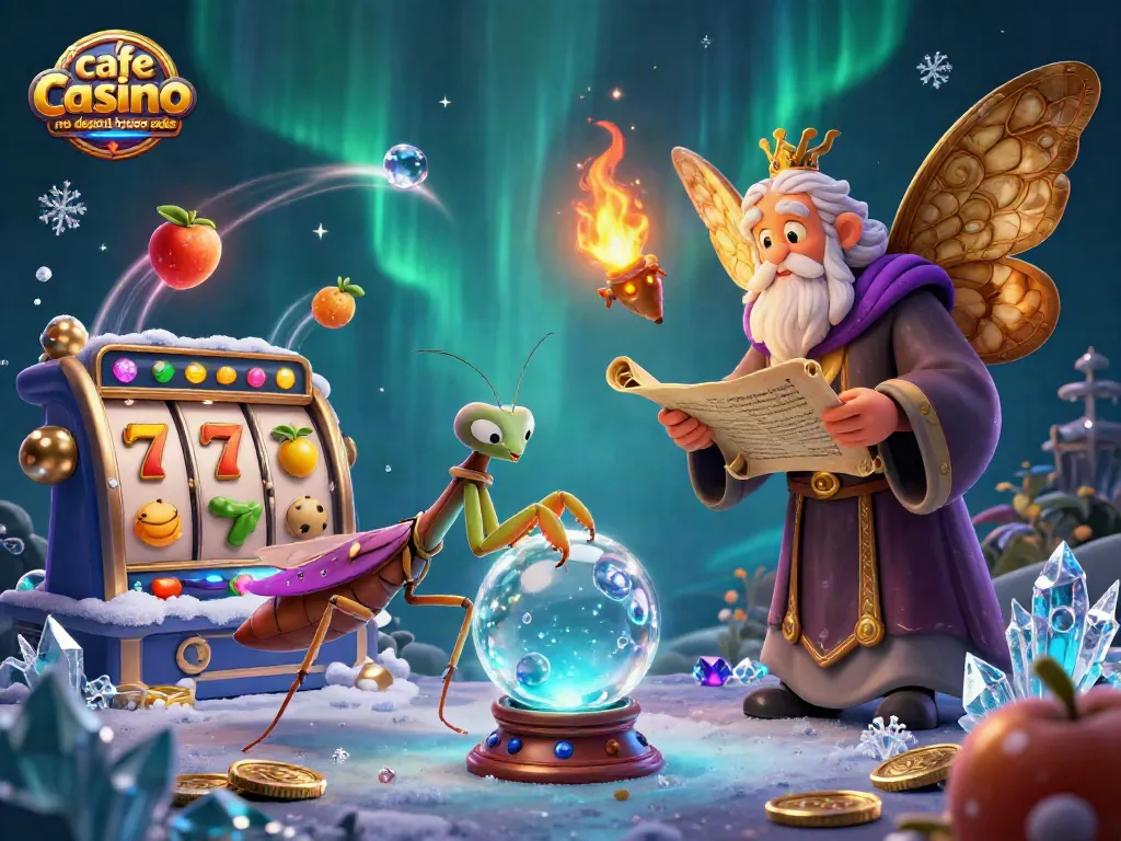 Café Casino no deposit bonus codes revealed with a vibrant 3D scene showcasing the praying mantis fortune teller and slot reels.