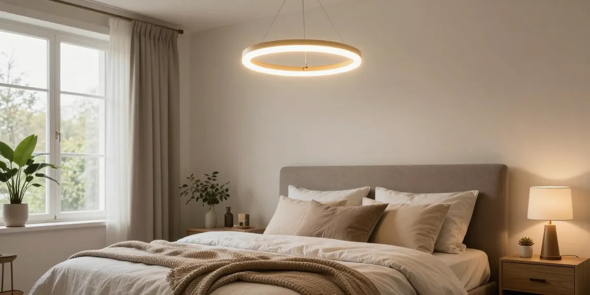 Lustra dormitor elegantă suspendată deasupra unui pat confortabil, creând o atmosferă primitoare și modernă.