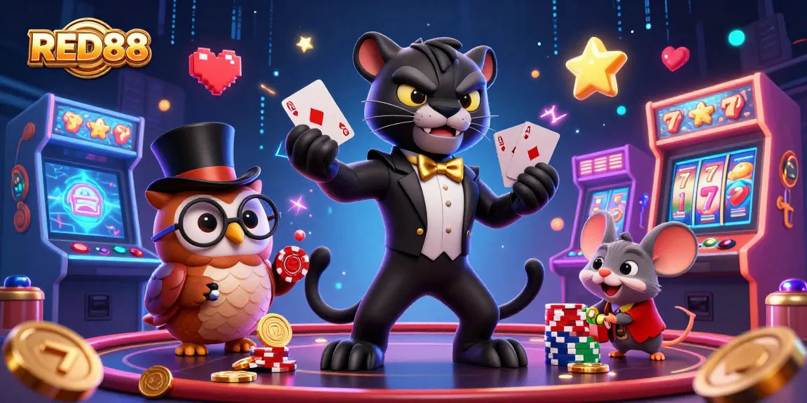 Join the fun at RED88 with a lively casino scene featuring a panther dealer and friends.