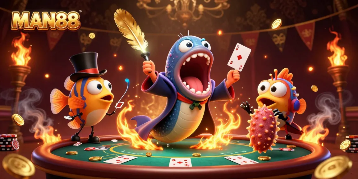 Experience thrilling card tricks by MAN88's magical characters in an engaging casino scene.