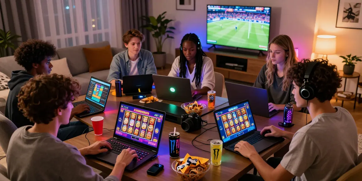 Engaging group gaming on situs gacor platform with vibrant digital slots and live action.