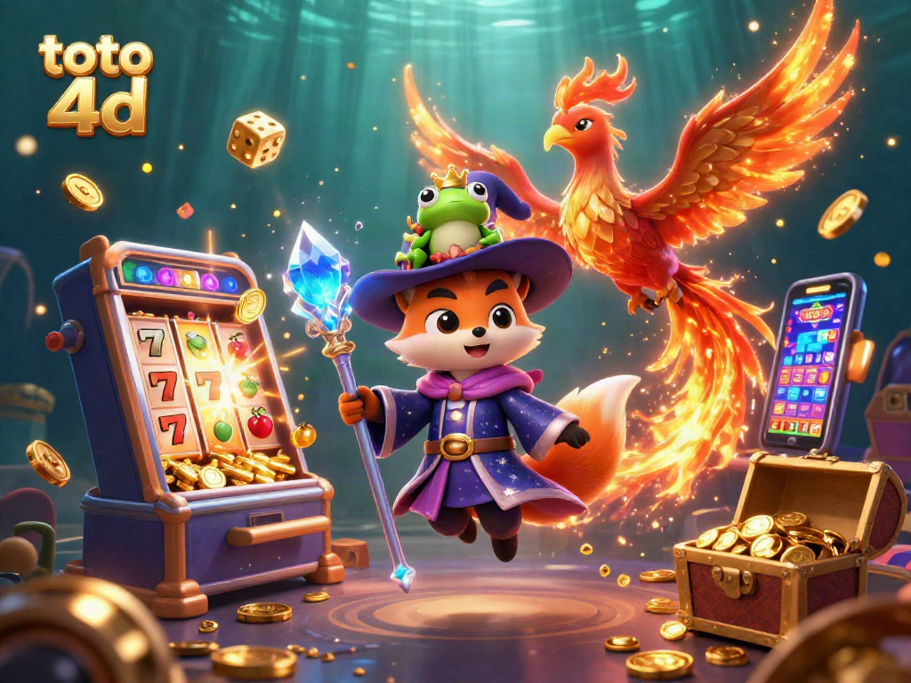 Play exciting toto 4d with a magical wizard and phoenix in a vibrant casino scene.