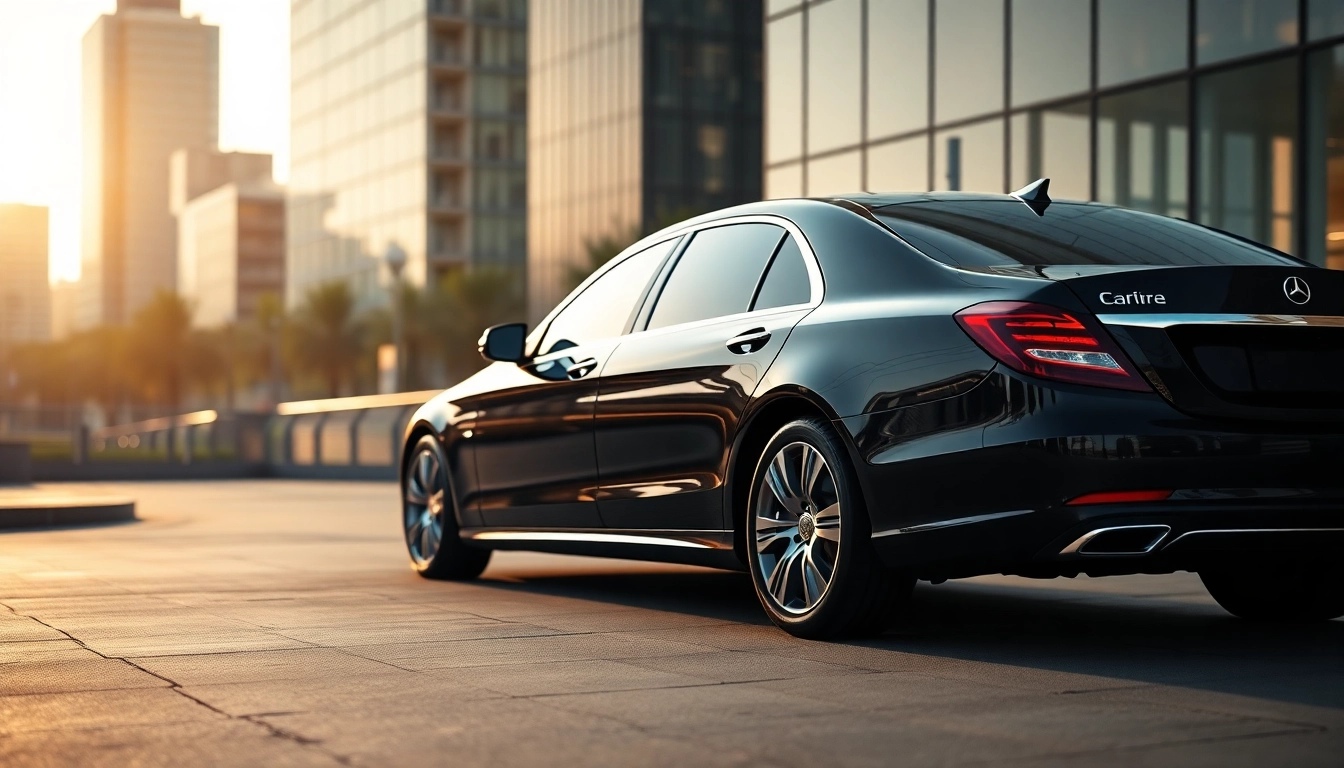 Experience luxury with black car service vehicle in a sophisticated urban setting.