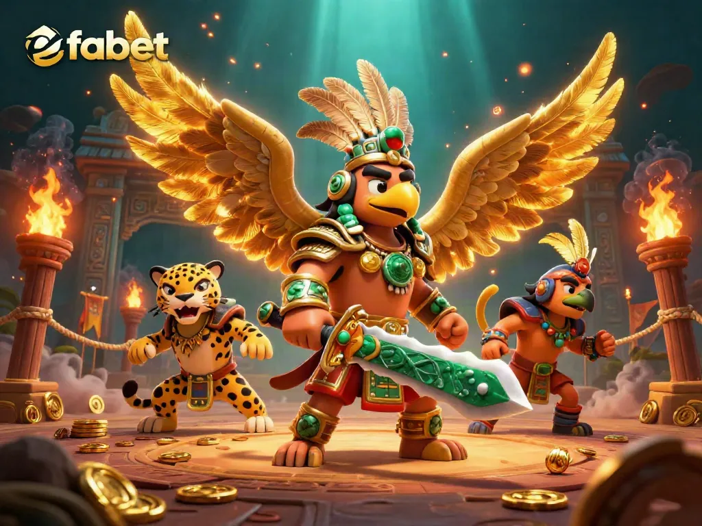 Engage in thrill with fabet, showcasing Aztec warriors amid swirling ember particles and golden tokens.