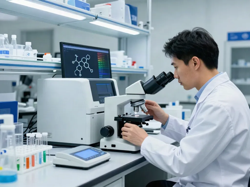 Examining wholesale peptides in a modern laboratory setting with advanced equipment.