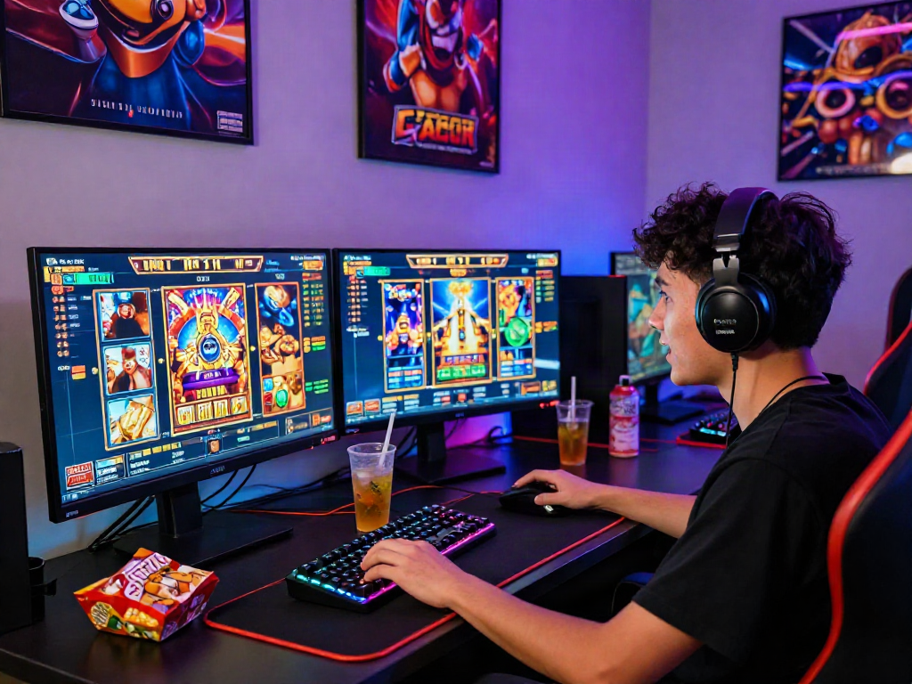 Intense player engaging in slot gacor hari ini at a vibrant gaming setup with colorful graphics and high-tech accessories.