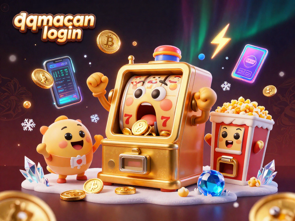Engage with the exciting qqmacan login scene as cartoon slot machines celebrate a jackpot win!