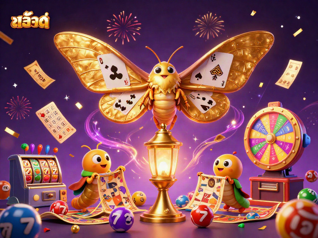 Experience the excitement of สล็อต with vibrant lottery elements and a majestic atlas moth.