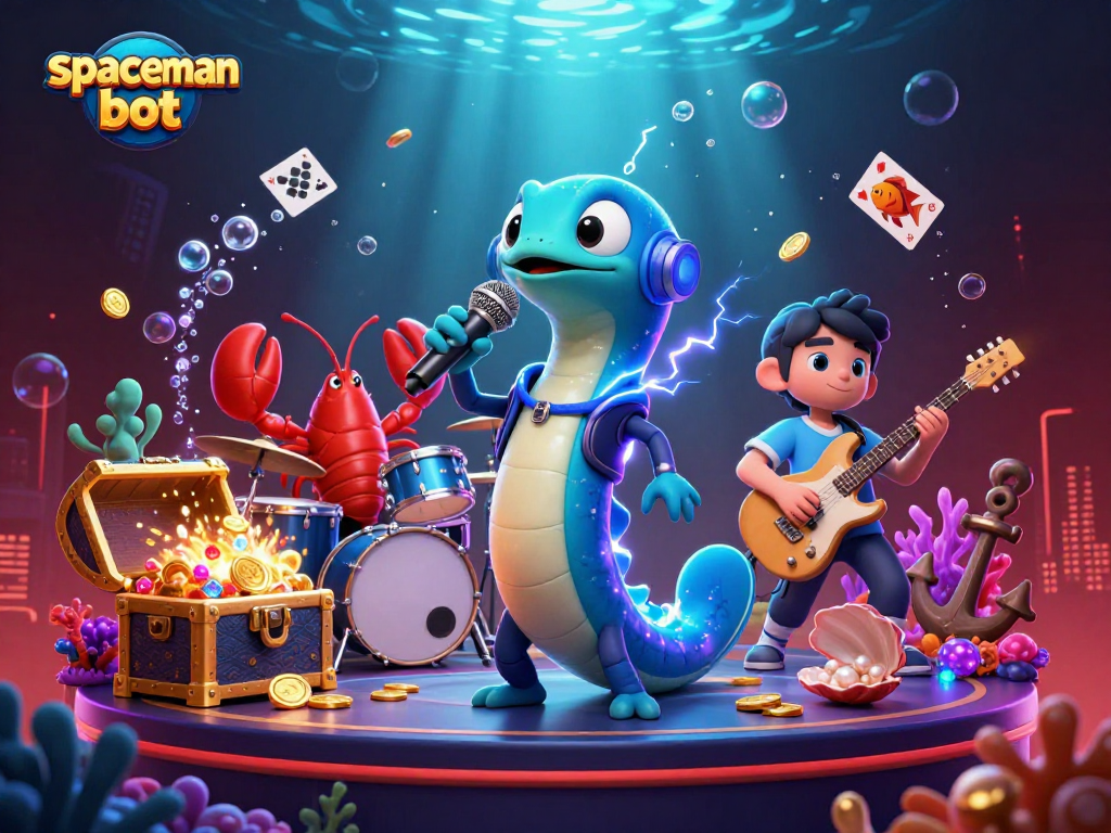 Engage with the spaceman bot, an electrifying DJ, in an underwater casino filled with vibrant gaming elements.