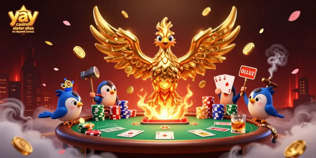 Celebrate winning strategies with yay casino sister sites no deposit bonus in a vibrant casino scene featuring a mystical phoenix and poker elements.
