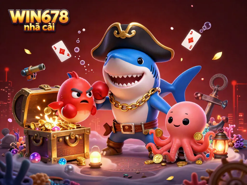 Engage with the vibrant scene showcasing WIN678 nhà cái, featuring a pirate shark, pufferfish, and octopus amid a treasure-filled underwater landscape.
