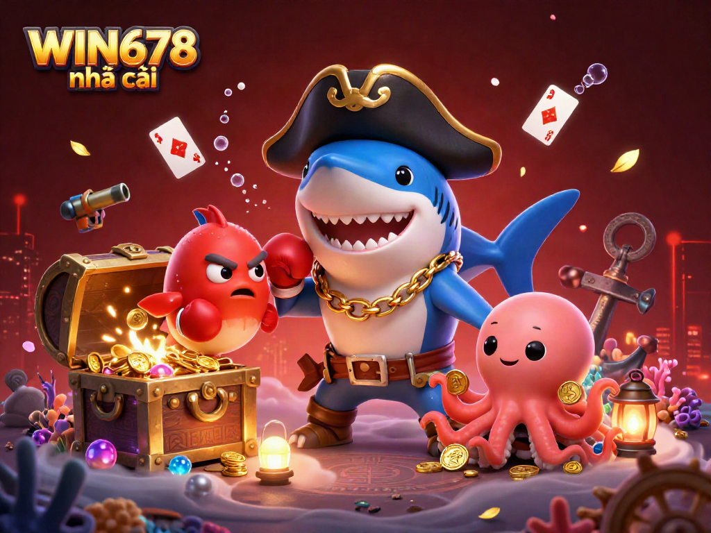 Engage with the vibrant scene showcasing WIN678 nhà cái, featuring a pirate shark, pufferfish, and octopus amid a treasure-filled underwater landscape.