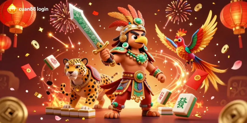Engage with the cuan88 login scene featuring a vibrant Aztec warrior and a jaguar amidst celebratory elements.