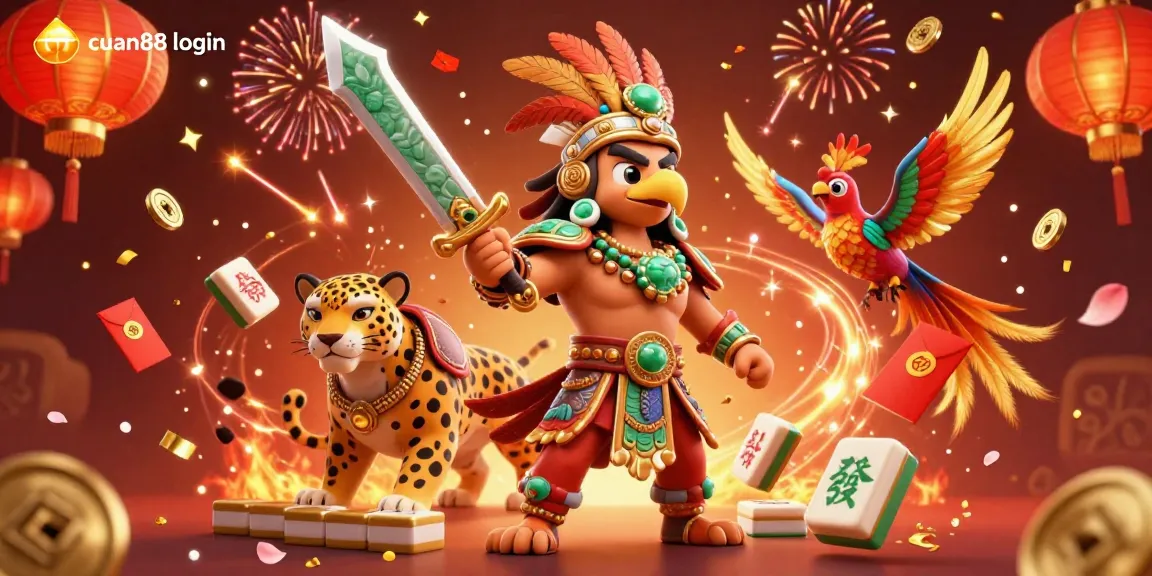 Engage with the cuan88 login scene featuring a vibrant Aztec warrior and a jaguar amidst celebratory elements.