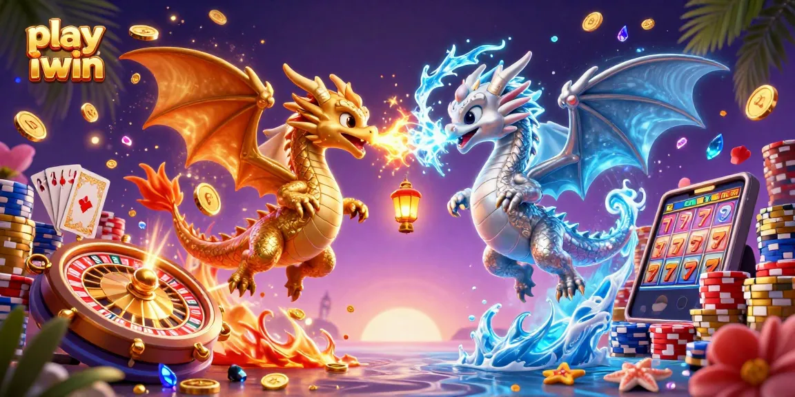 Play iwin with exciting dragons amidst a burst of casino elements and vibrant colors.