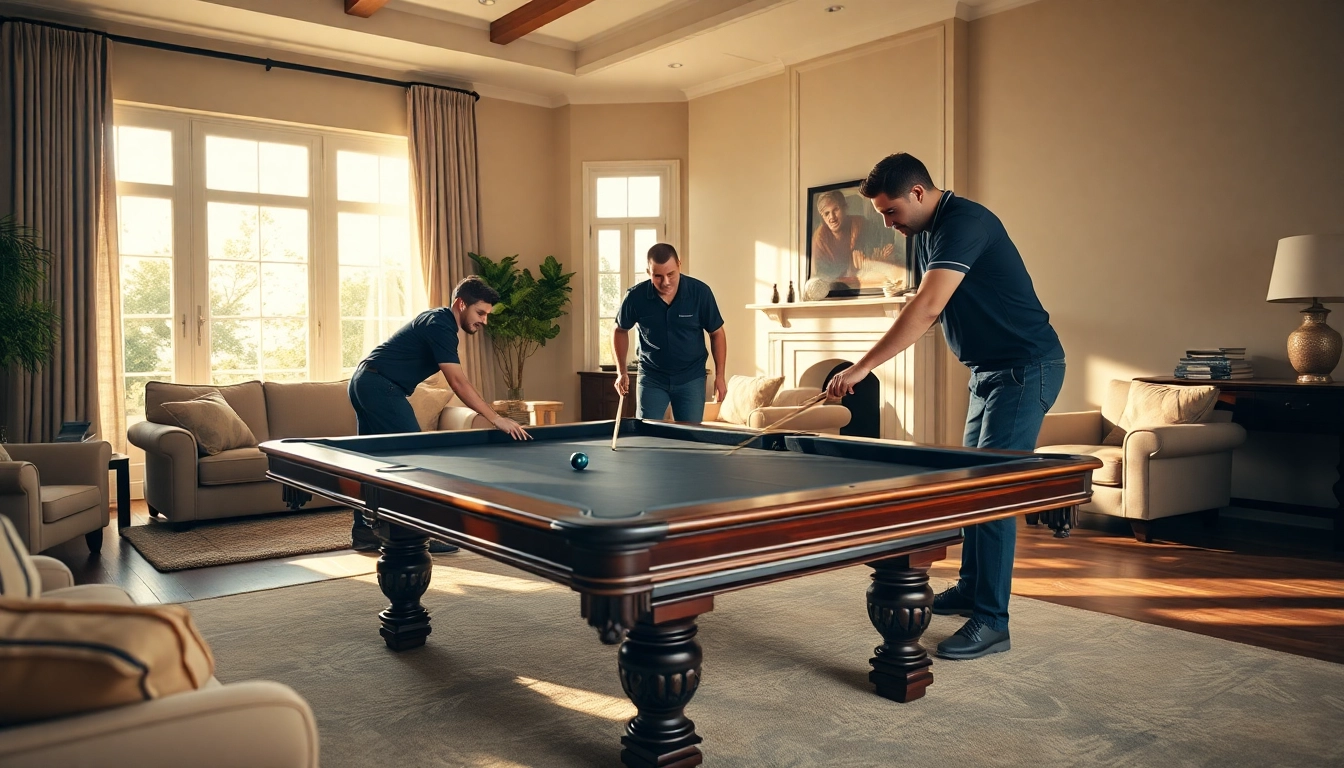 Experienced pool table movers dallas professionally relocating a slate table.