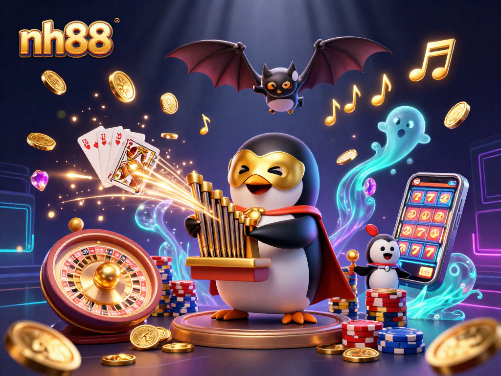 Experience excitement at nh88 with a golden casino scene featuring a penguin and bat, dazzling games, and treasure.