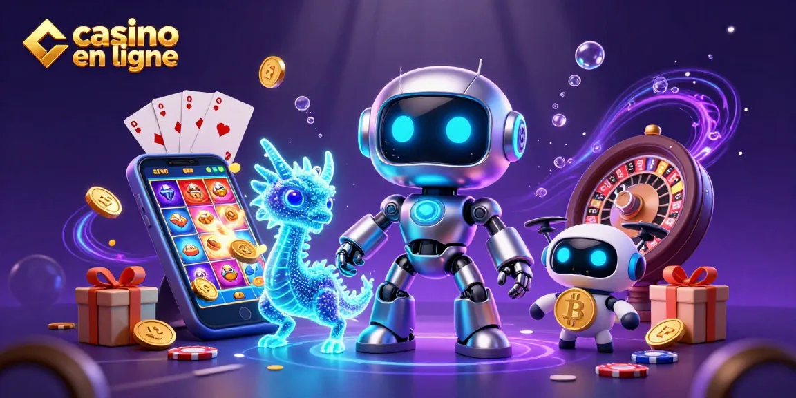 Un robot cybernétique cool et un dragon IA en hologramme illustrent un casino en ligne innovant.