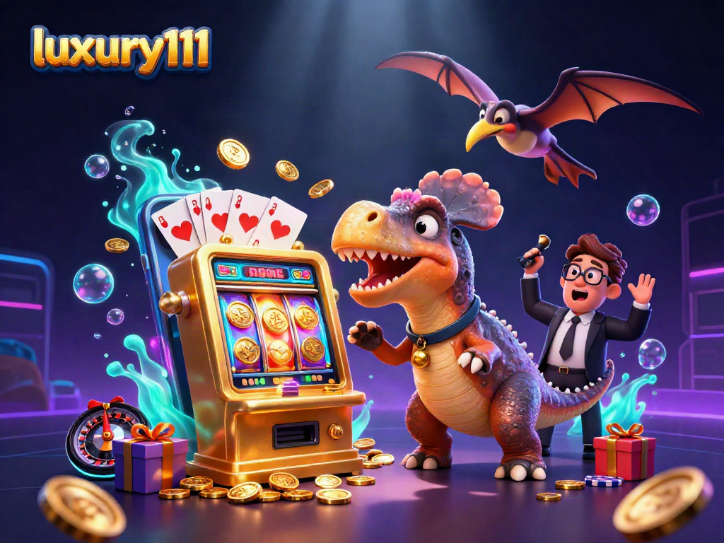 luxury111 showcases a dynamic 3D casino scene with prehistoric characters winning jackpots.