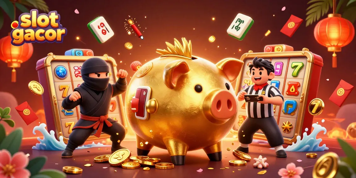 Experience thrilling action with slot gacor gameplay, highlighted by a sumo wrestler and a ninja in a vibrant casino scene.