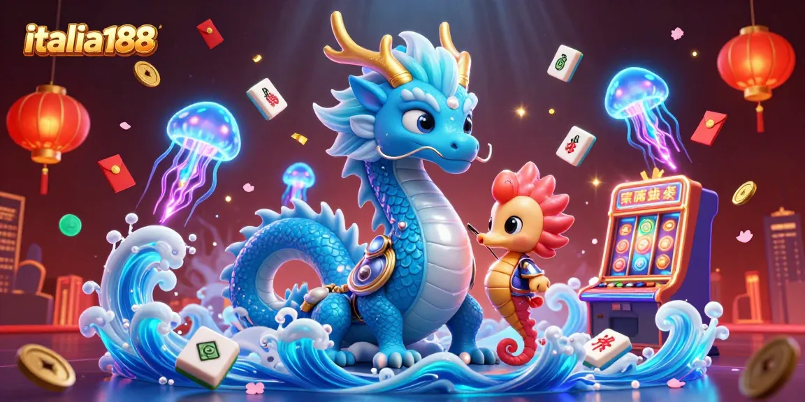 ilustrasi 3D kasino italia188 dengan naga azur dan kuda laut, dikelilingi elemen permainan yang berkilau.