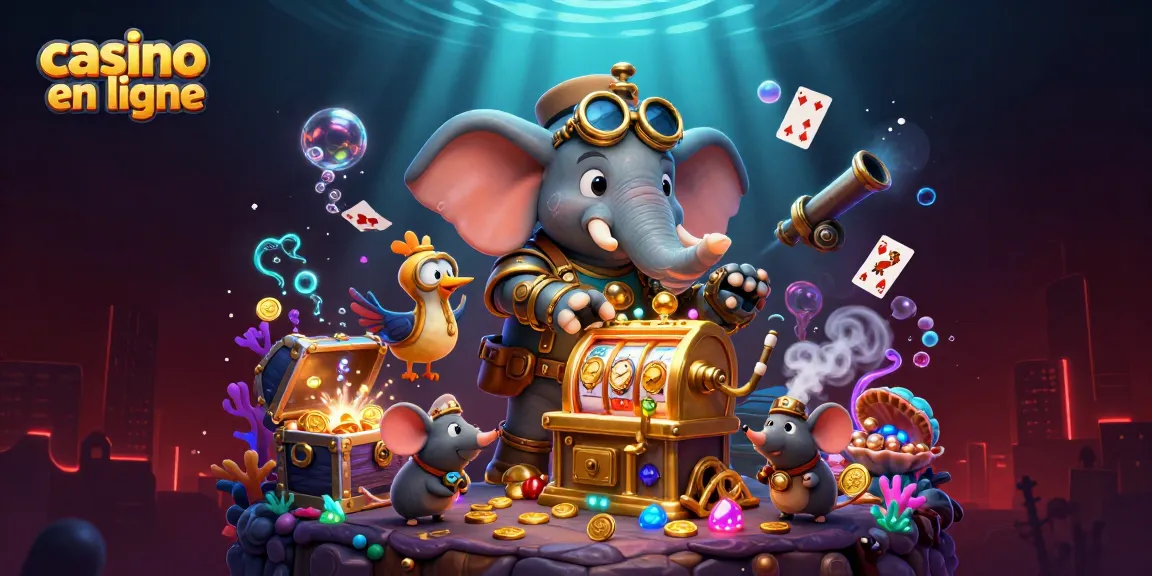 Jouez à casino en ligne avec un éléphant steampunk et des machines à sous dorées dans une scène animée.