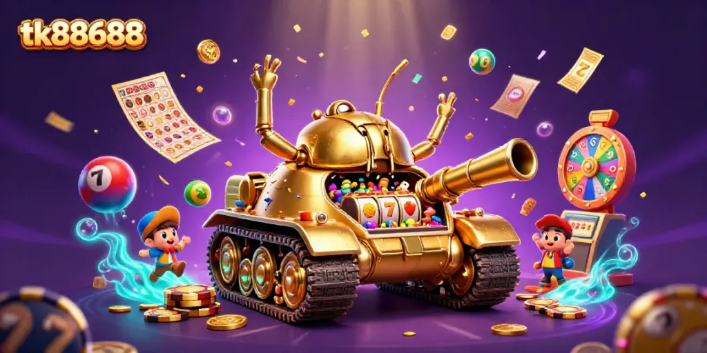 Engage with tk88688's vibrant casino scene featuring a golden beetle tank and lively game elements.