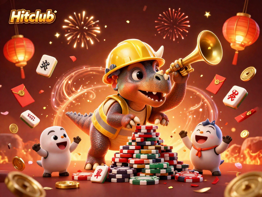 Hitclub celebrates big wins with a triceratops and friends in a vibrant casino scene.