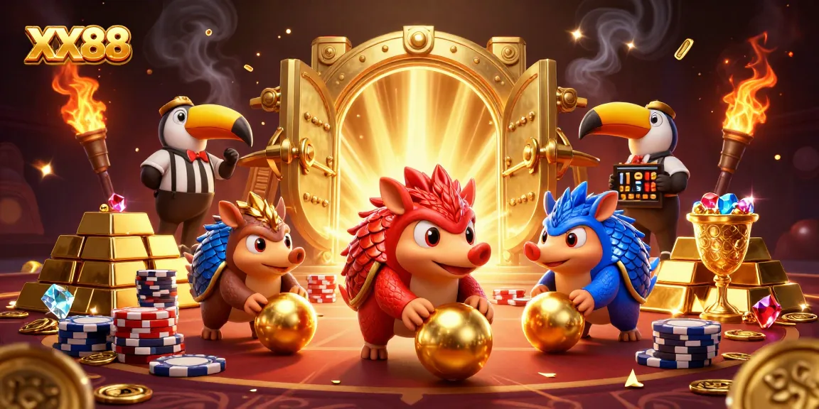 Experience thrilling gameplay at XX88 with dynamic pangolins amidst golden treasures and poker chips.