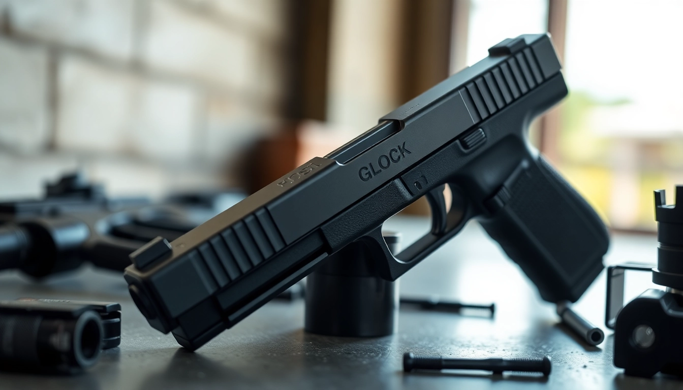 Examine the glock 17 slide highlighting its sleek design and metallic texture in a bright, professional setting.