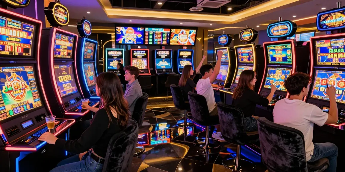 Suasana permainan slot mewah di LUXURY777 dengan mesin slot modern dan pencahayaan warna-warni.