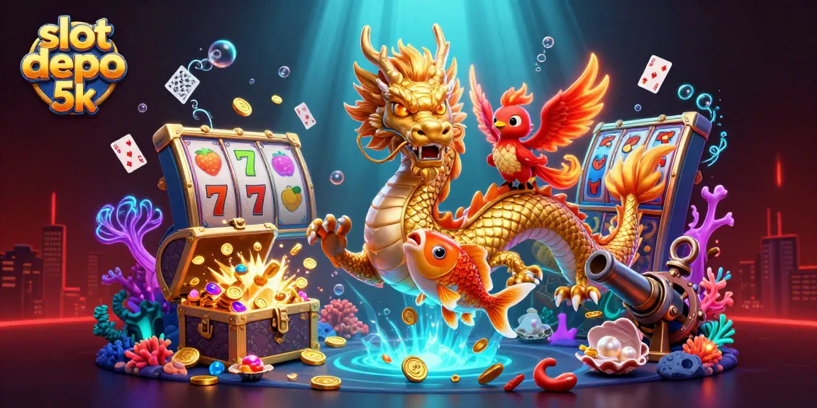 Experience the excitement of slot depo 5k with a vibrant illustration featuring a golden dragon, red phoenix, and koi fish amidst dynamic gaming elements.