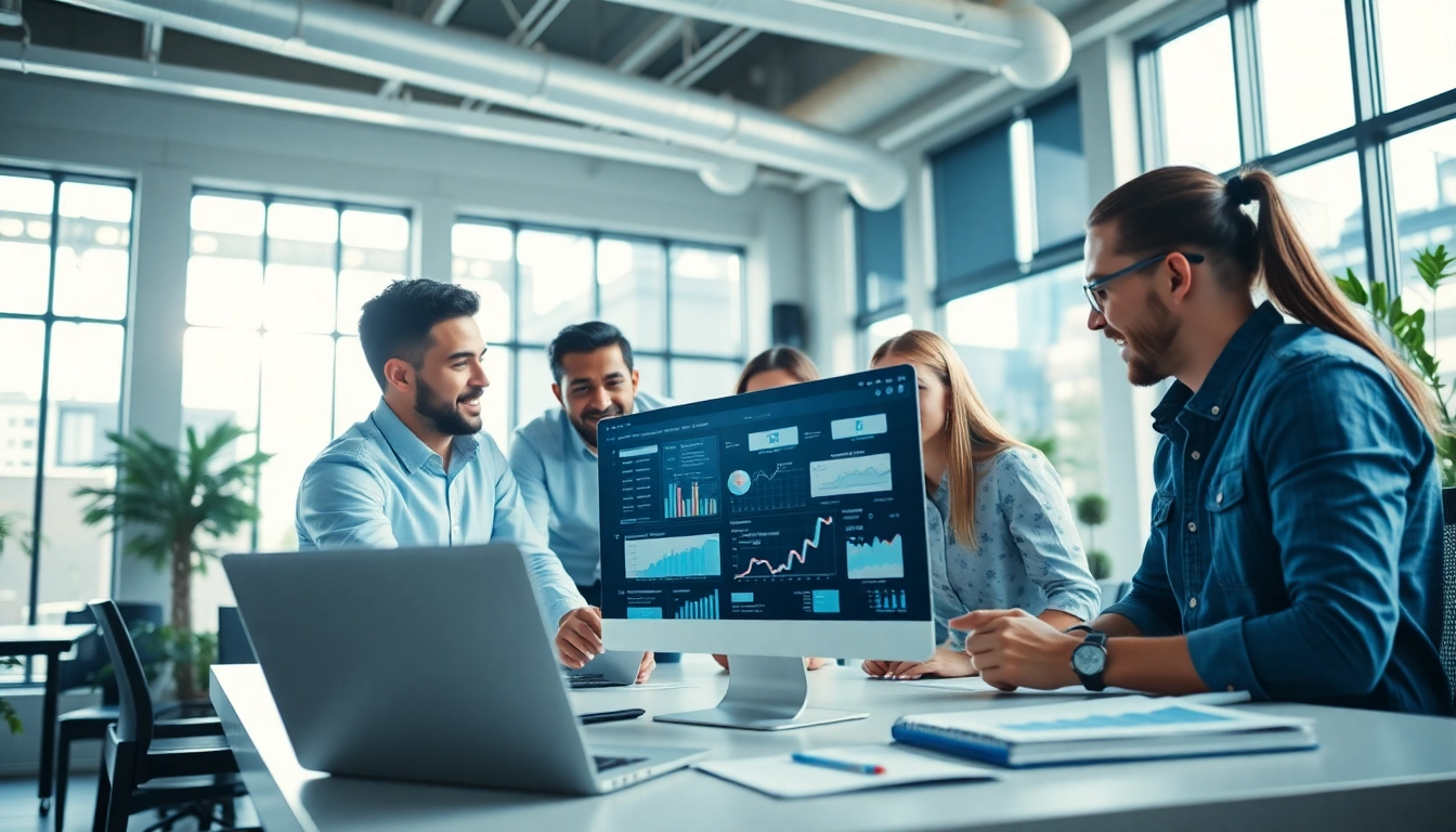 Engaging scene depicting digital marketing agency services with a diverse team collaborating in a modern office.