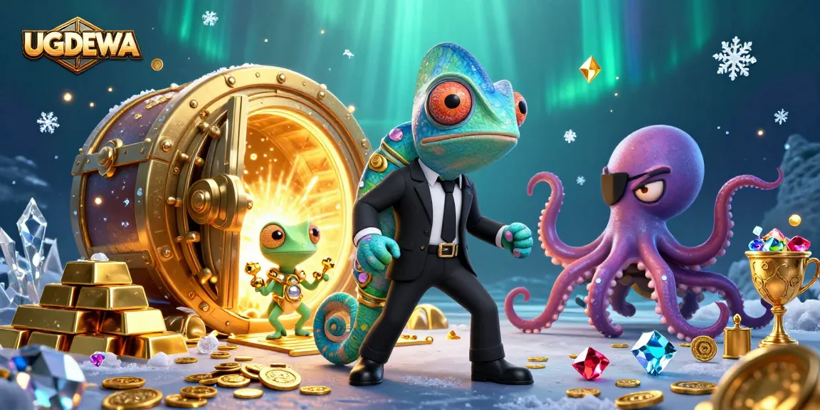 Spin and win with UGDEWA, featuring a vibrant 3D casino scene of vibrant characters and golden treasures.
