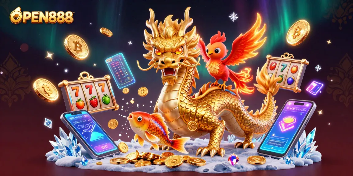 Experience exciting gaming energy with OPEN888's vibrant casino scene featuring iconic characters.