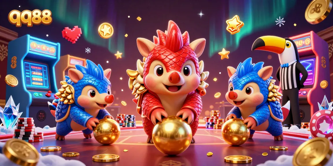 Experience thrilling gameplay at qq88, featuring rival pangolins in a vibrant casino setting.