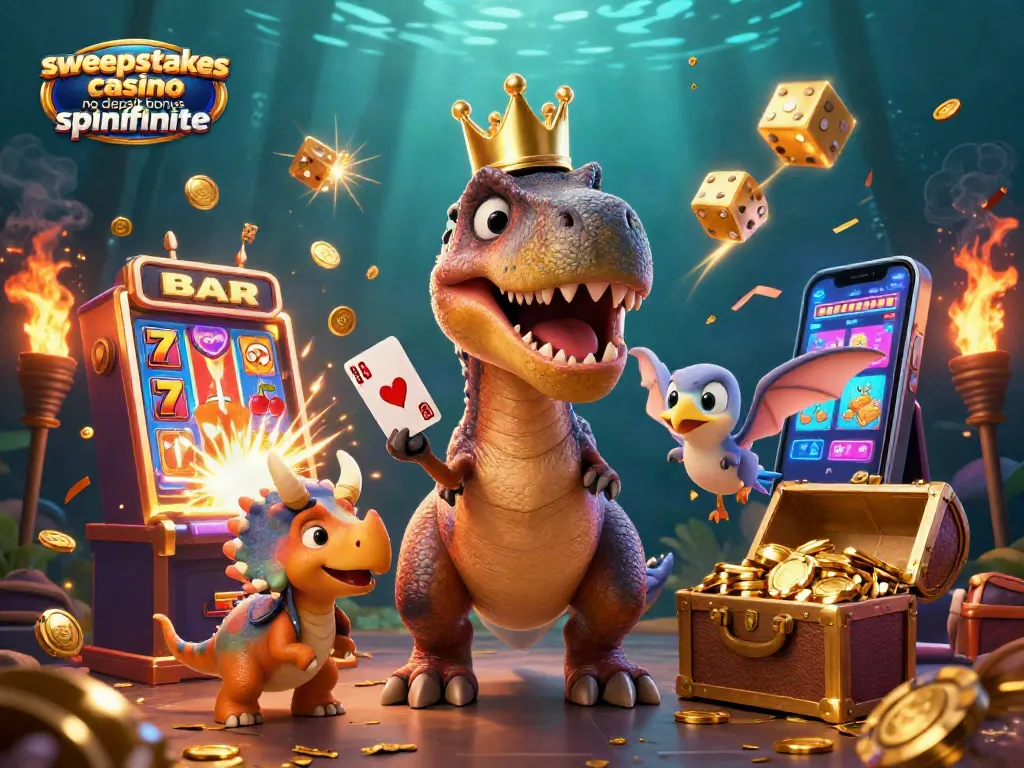 Win big with the sweepstakes casino no deposit bonus spinfinite, featuring characters and dazzling colors celebrating casino luck.