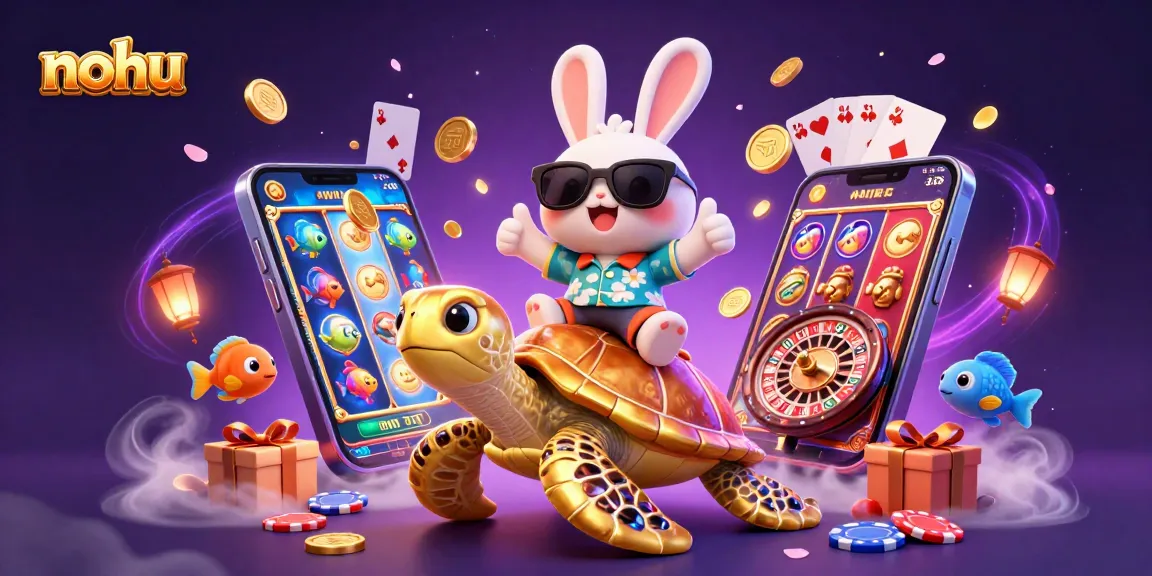 Nohu players enjoy a vibrant 3D casino adventure with a lucky rabbit and golden turtle.