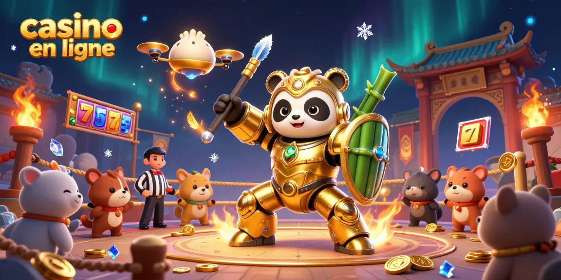 Le panda doré en mech et son robot luttent pour gagner au casino en ligne avec des jetons d'or.