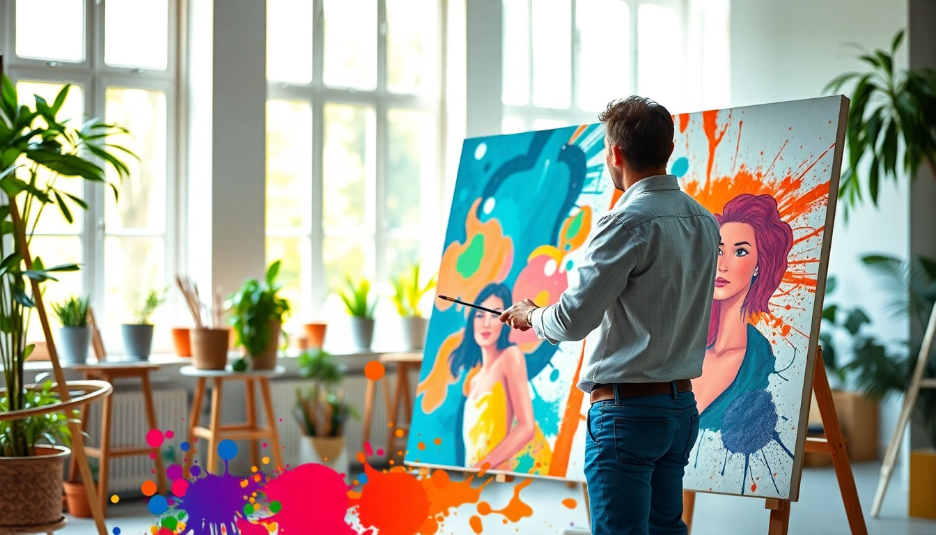Creëer op een groot canvas in een kleurvolle studio, omgeven door schildermaterialen.