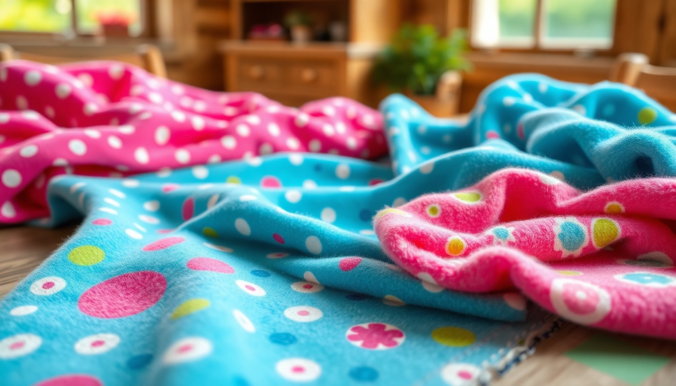 Fleece stoffen in verschillende kleuren en patronen op een houten tafel.