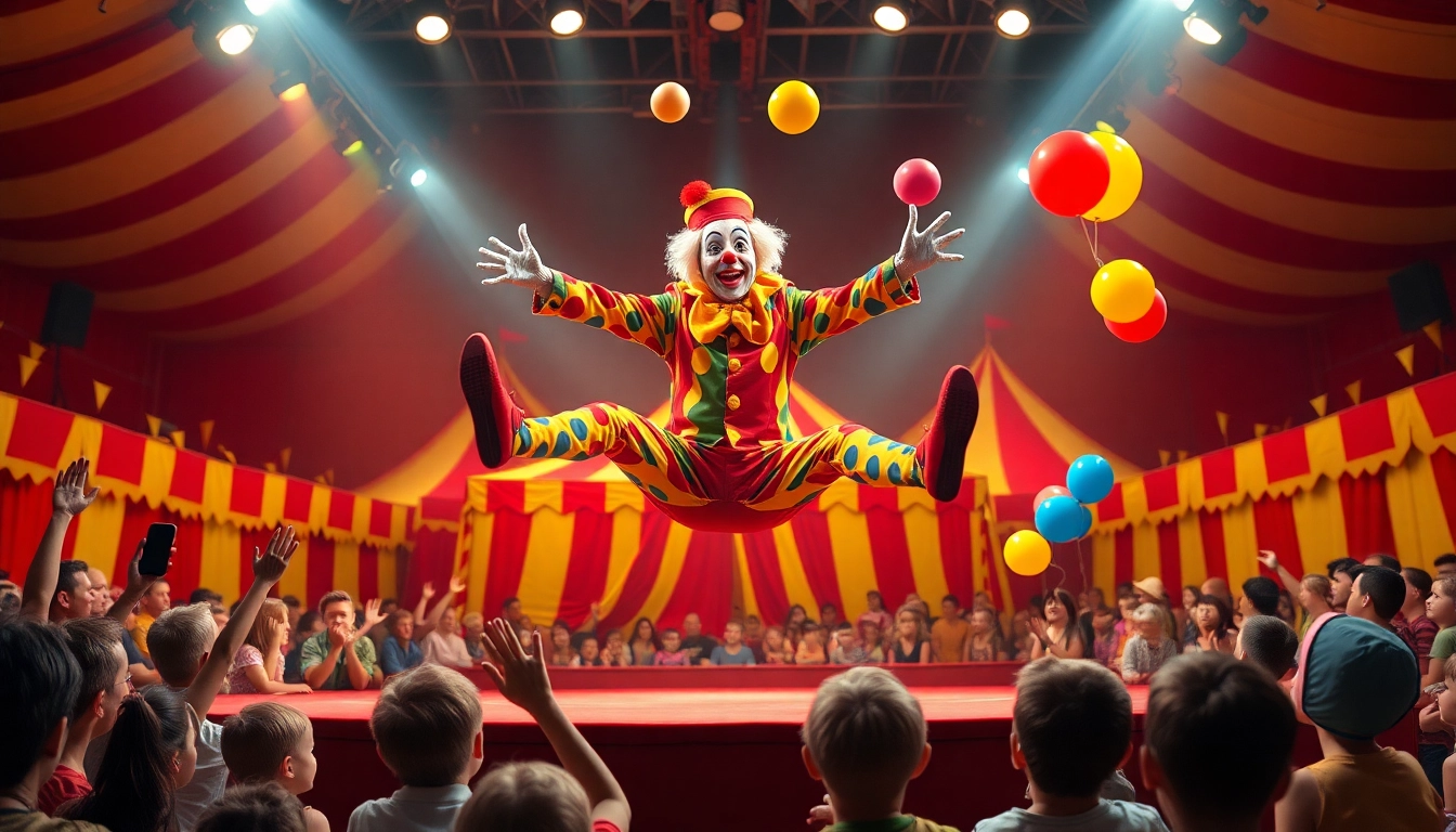 Experience an exciting clown show performance with colorful props and dynamic atmosphere.
