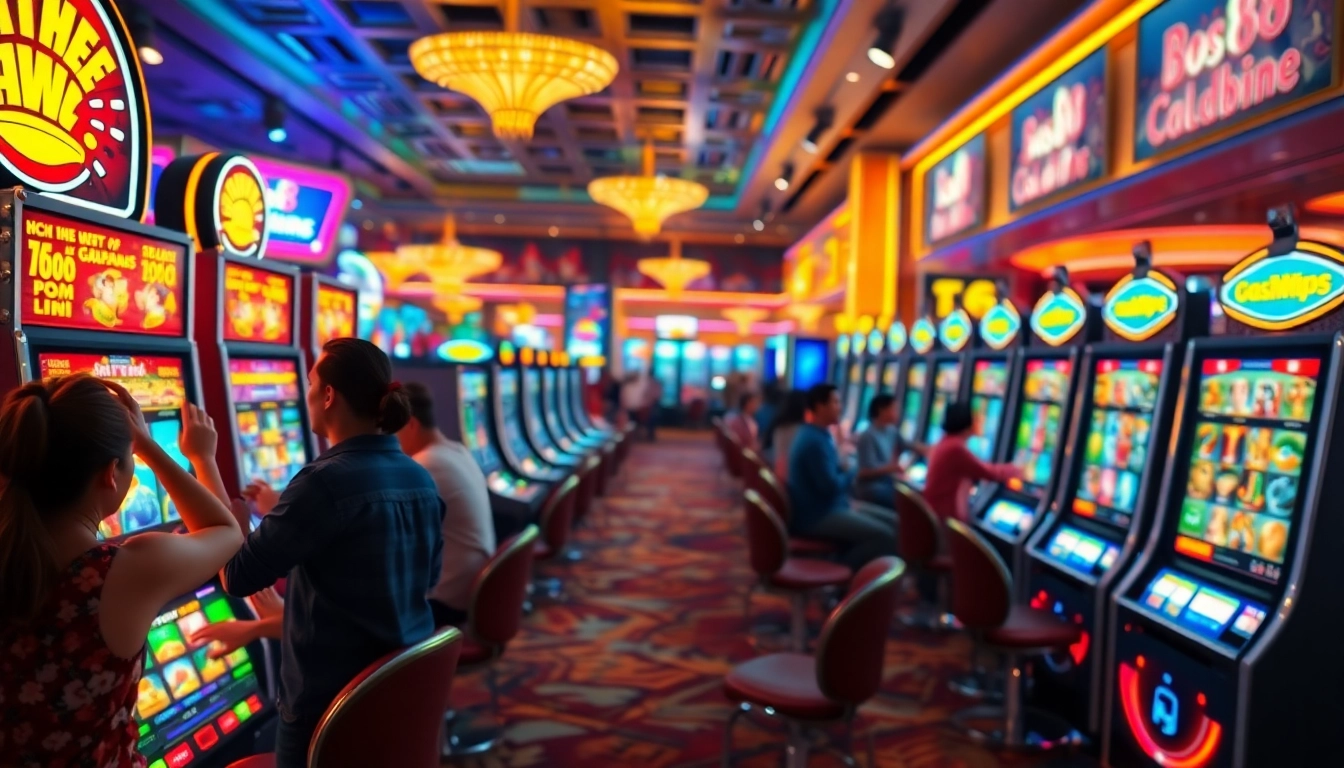 Permainan bos88 slot yang menarik dengan pemain antusias di kasino cerah.