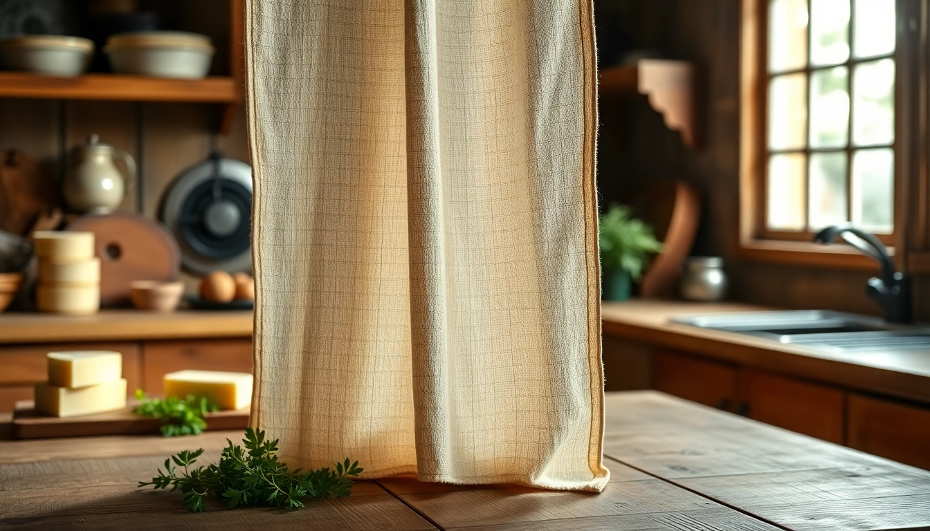Kaasdoek in een rustieke keuken, perfect voor het maken van kaas en het uitlekken van ingrediënten.