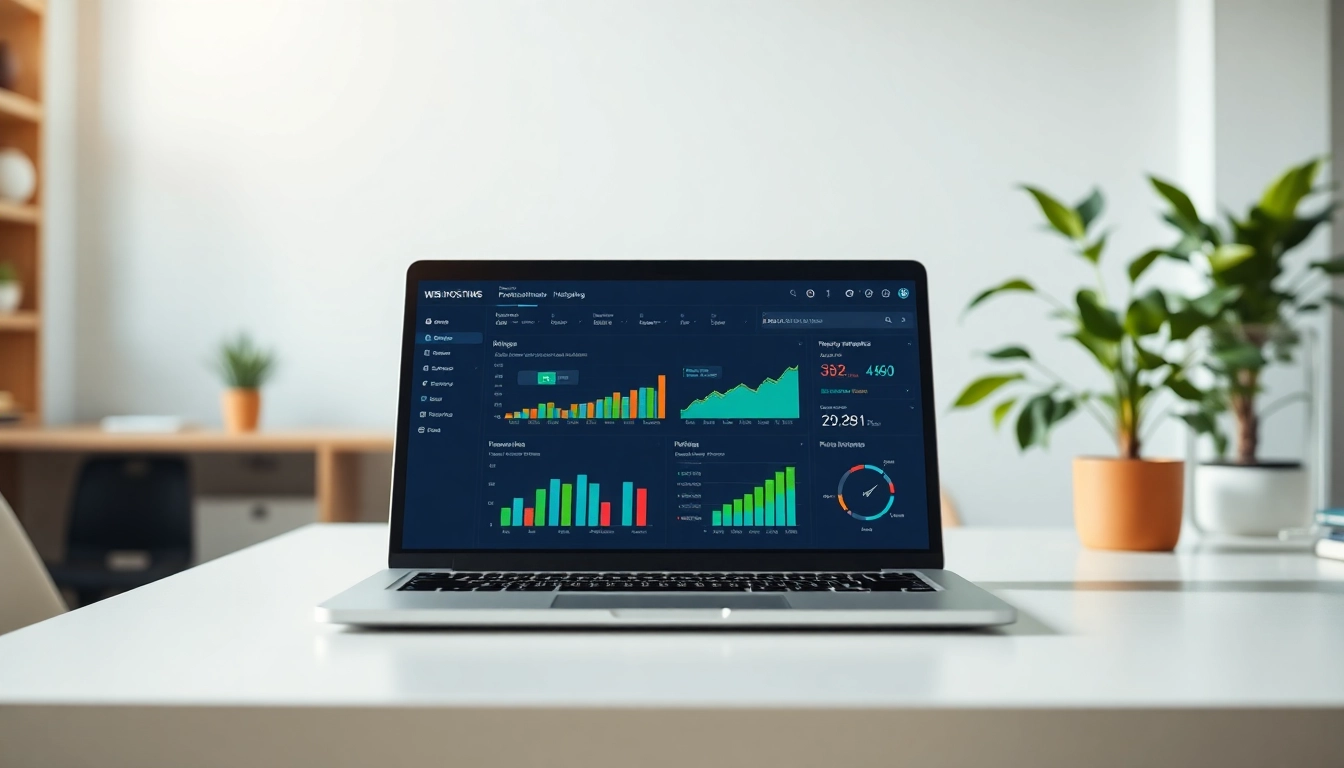 Showcasing Bluehost’s intuitive web hosting dashboard on a laptop in a modern workspace.