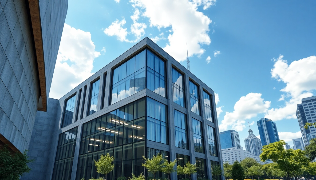 Architektur visualisierung von einem modernen Gebäude mit eindrucksvoller Glasfassade.
