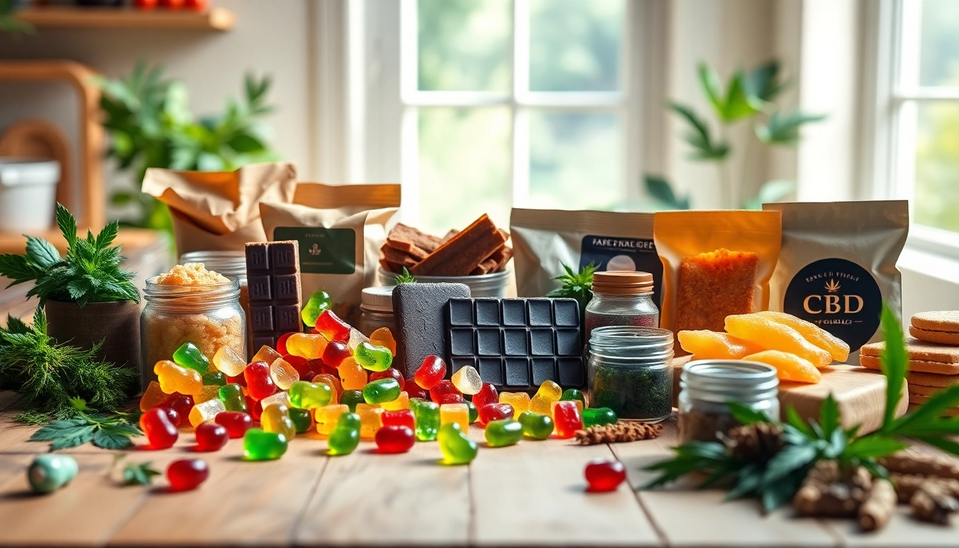 Prominent wholesale CBD edibles including gummy bears and chocolate bars arranged enticingly on a rustic table.