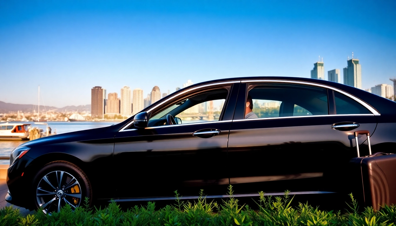 Experience vancouver private car service with a luxury sedan parked beside Vancouver's beautiful skyline.