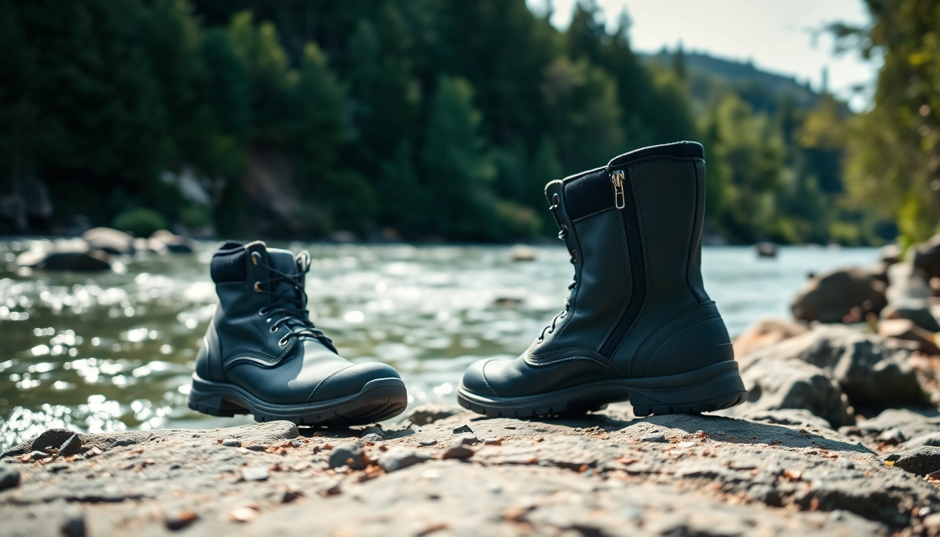 Fly fishing boots positioned on a rocky riverbank highlighting durability and waterproof features.